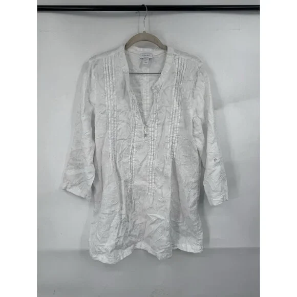 Kenar 100% Linen Shirt Women XL White Embroidered Roll Tab Sleeve Coastal Beach - Picture 1 of 8